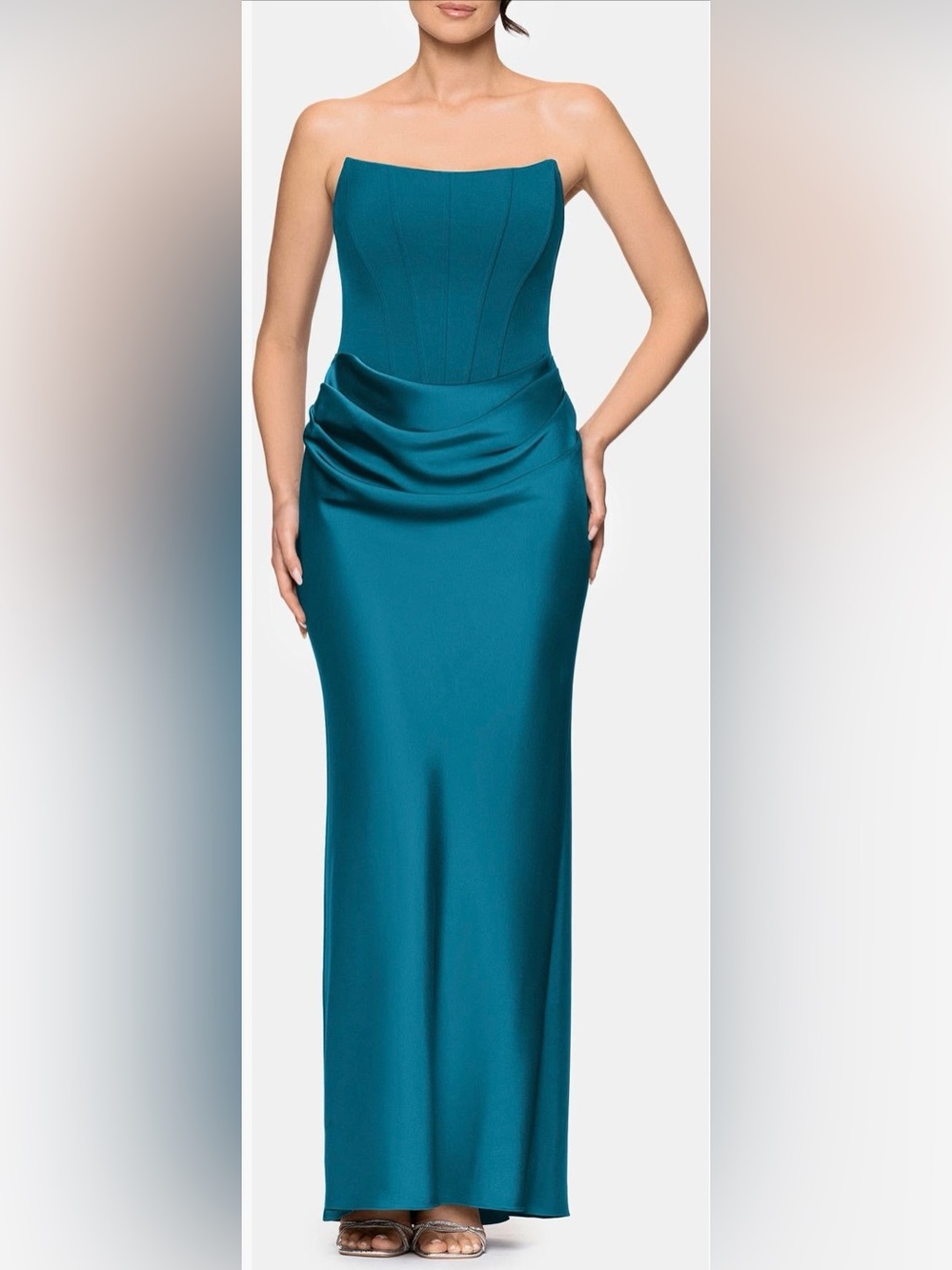 BETSY & ADAM - Strapless Mixed Media Teal Gown Size 6